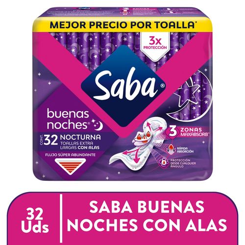 Toallas Femeninas Saba Nocturna Flujo Súper Abundante Con Alas - 32Uds