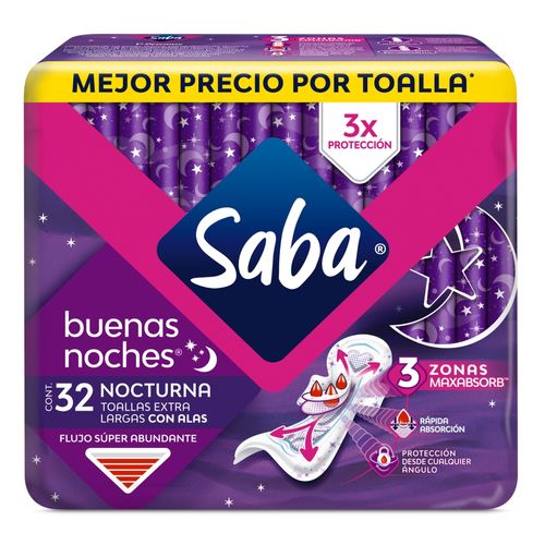Toallas Femeninas Saba Buenas Noches Flujo Súper Abundante Con Alas - 32 Uds