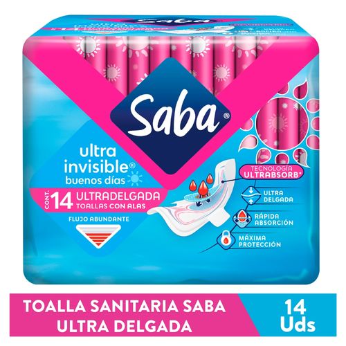 Toallas Femeninas Saba Ultra Invisible Ultradelgada Flujo Abundante Con Alas - 14Uds