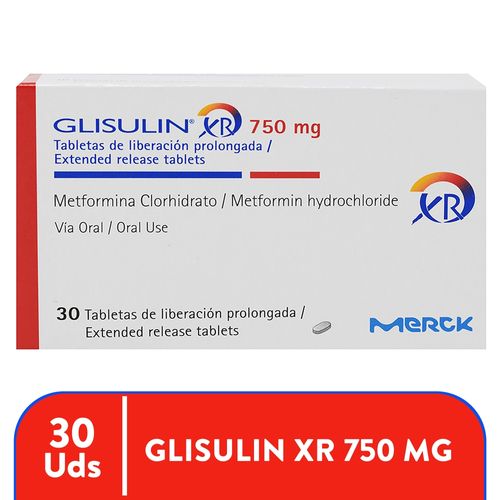 Tabletas Glisulin XR De Liberacion Prolongada 750mg- 30 Tableta  -Precio indicado por Unidad-
