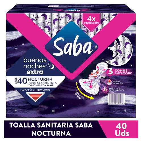 Toallas Femeninas Saba Buenas Noches Extra Flujo Súper Abundante Con Alas - 40 Unidades