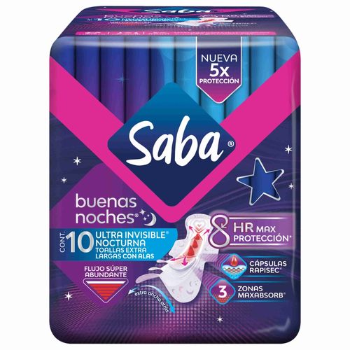 Toallas Femeninas Saba Nocturna Ultra Invisible Ultradelgada Flujo Súper Abundante Con Alas - 10Uds