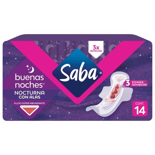 Toallas Femeninas Saba Nocturna Flujo Súper Abundante Extra Larga Con Alas - 14Uds