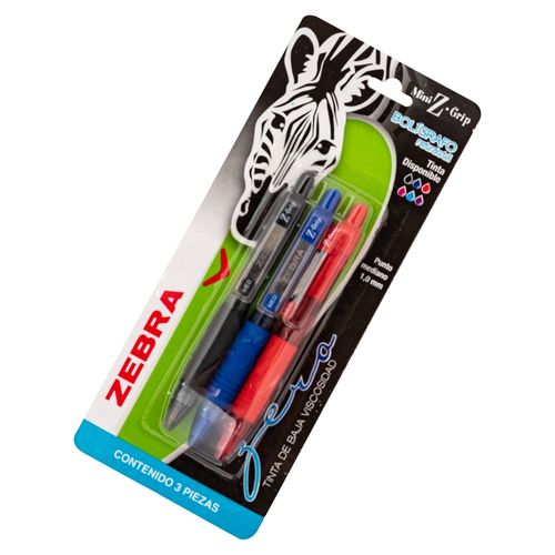 Lapicero Zebra mini zgrip color negro rojo y azul - 3 Uds