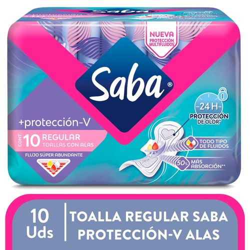Toallas Sanitarias Saba Más Protección-V Regulares Flujo Súper Abundante Con Alas - 10Uds