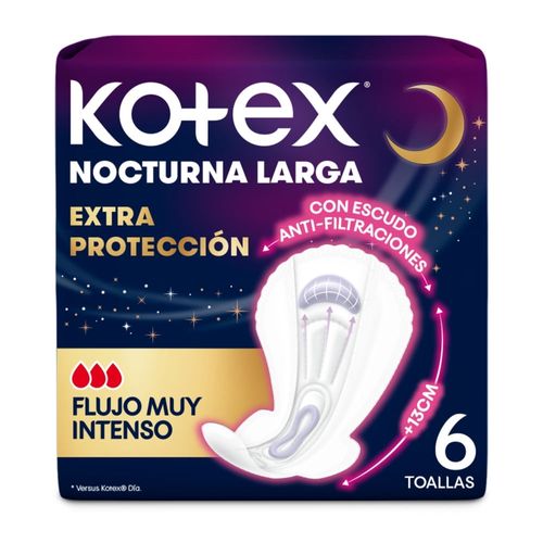 Toallas Femeninas Kotex Nocturna Larga Extra Protección - 6 Unidades