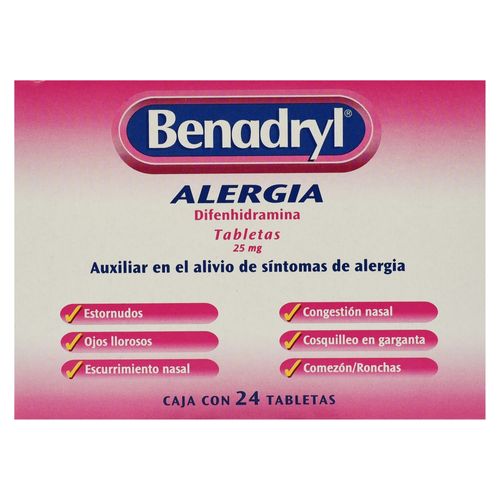 Difenidramina Benadryl caja 24 tabletas - Precio indicado por caja