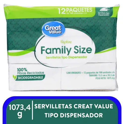 Servilletas Great Value Tipo Dispensador 1200 Unidades - 12 Paquetes de 100 Unidades